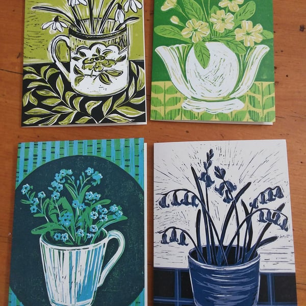 Four artist cards - snowdrop, primrose, forget-me-not, bluebell