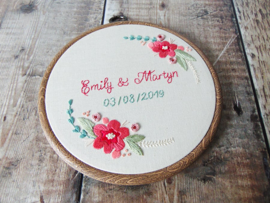 Floral Wedding Gift, Wedding Date Keepsake, Couples Gift, Hand Embroidered 