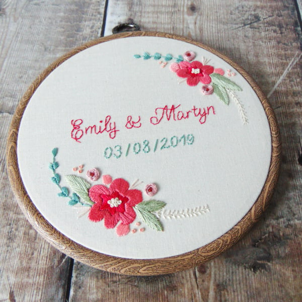 Floral Wedding Gift, Wedding Date Keepsake, Couples Gift, Hand Embroidered 
