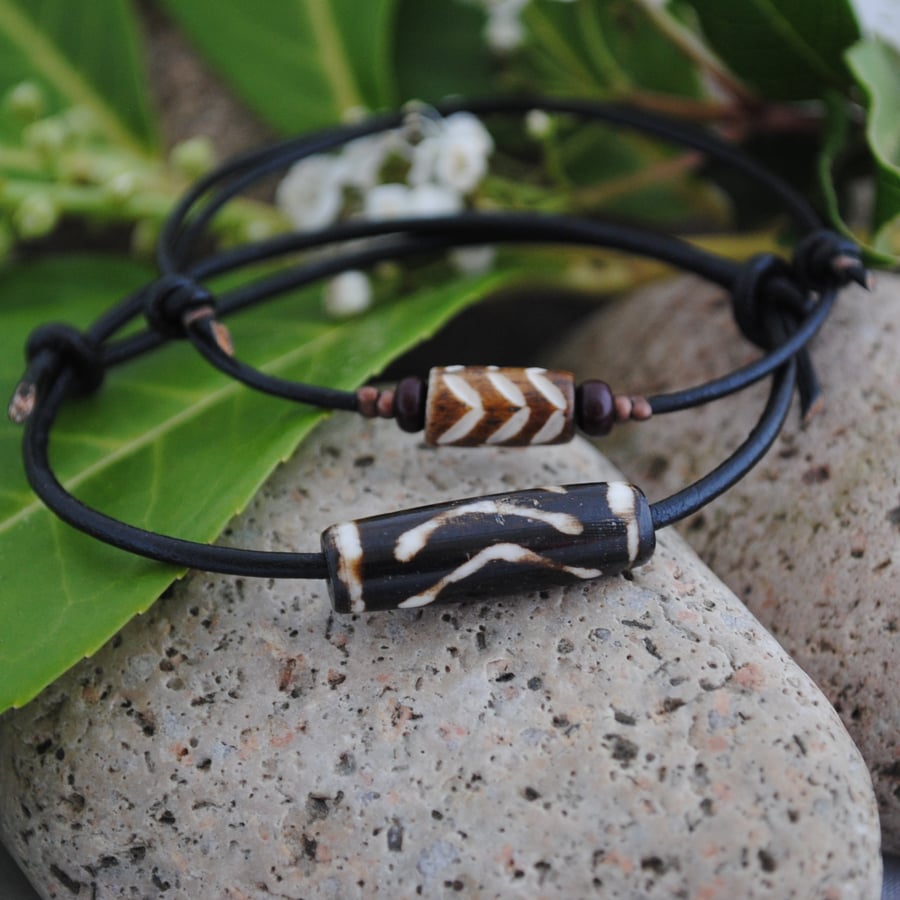 Friendship Bracelets-TWO black leather ethnic zebra wood bead