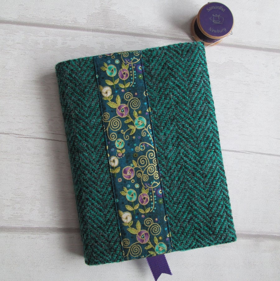 SOLD - A6 'Harris Tweed®' Reusable Notebook Cover - Jade Herringbone Floral Band