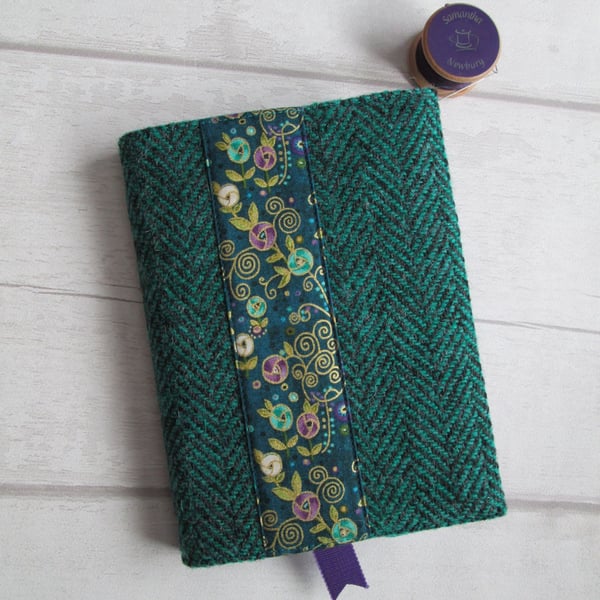 SOLD - A6 'Harris Tweed®' Reusable Notebook Cover - Jade Herringbone Floral Band