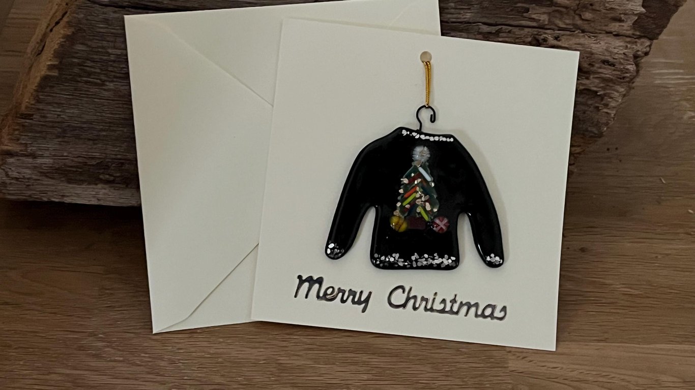 Handmade Detachable Keepsake, Fused Glass Festive Jumper Christmas Card