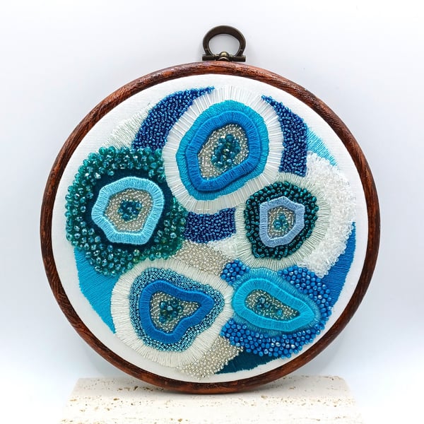 Hand Embroidered & Beaded Geode Art in 6" Hoop, Unique Crystal Wall Decor, Geode