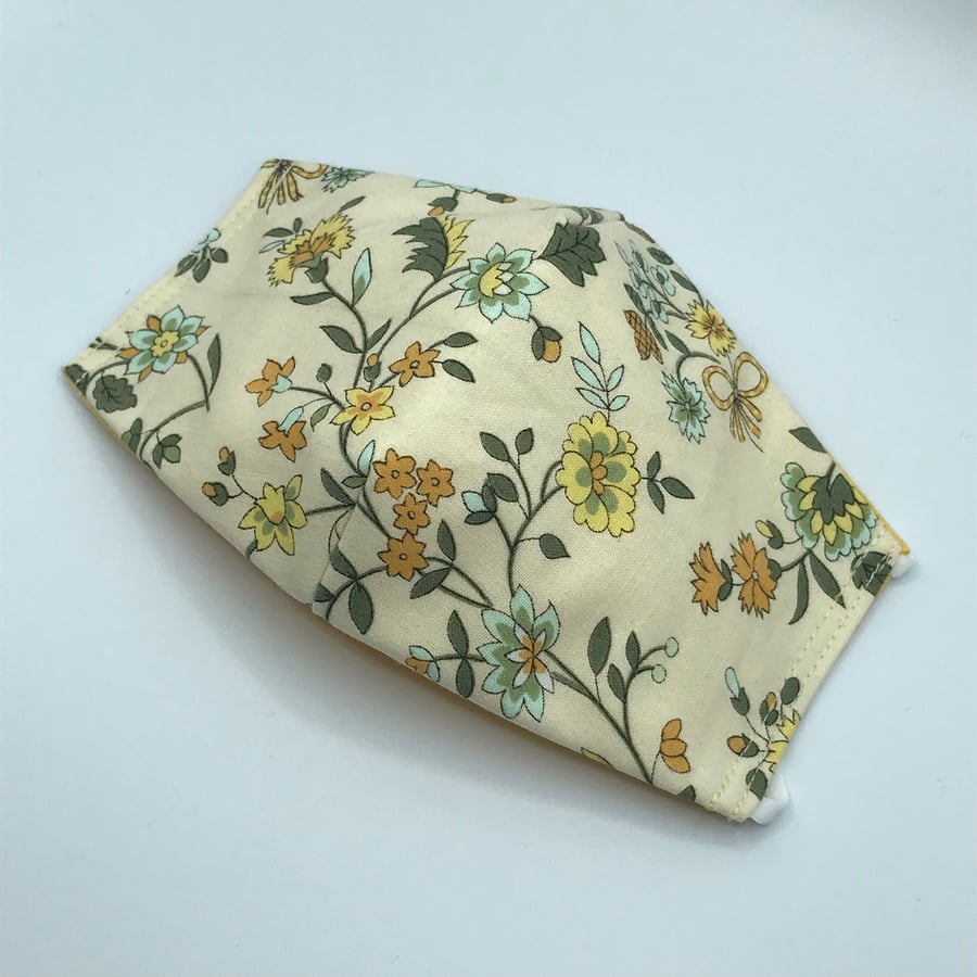 Floral Yellow Face Mask. Triple layered. 100 % Cotton Fabric.