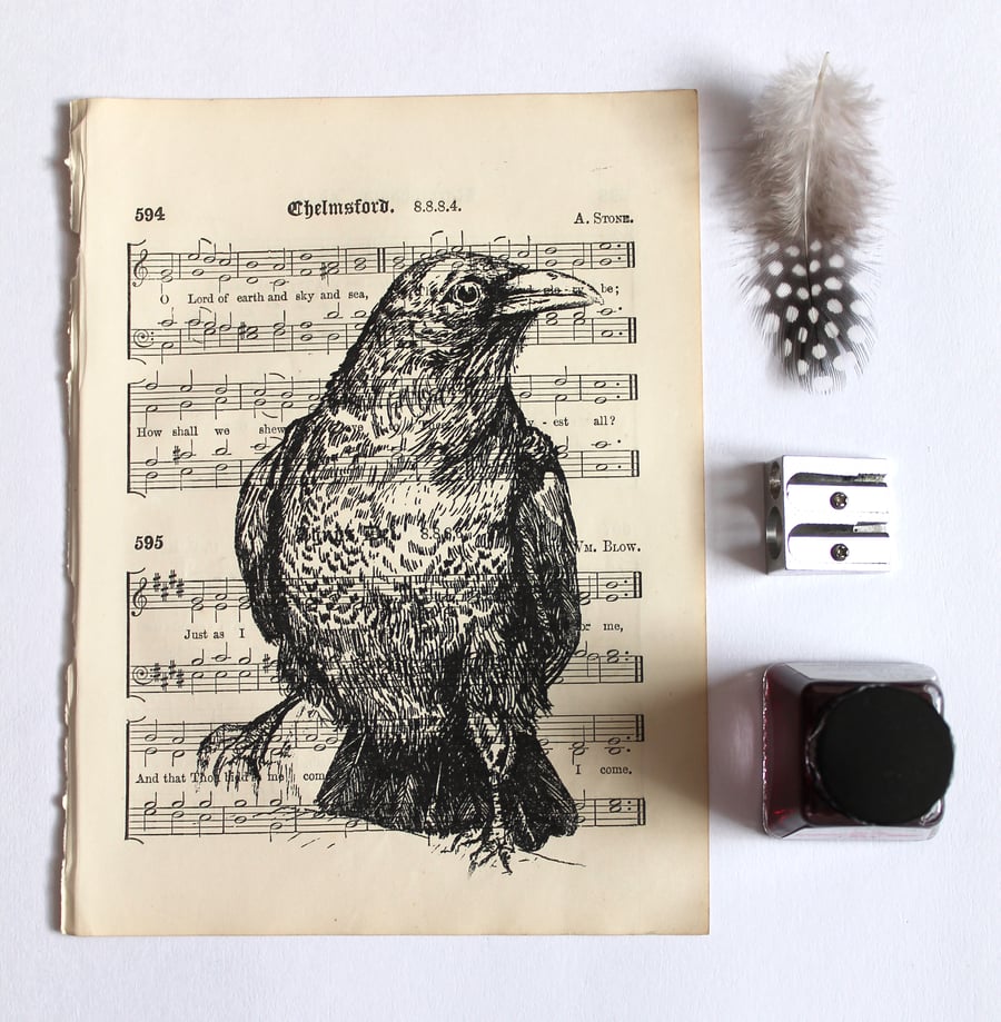 Raven Print on Vintage Sheet Music, Bird Print