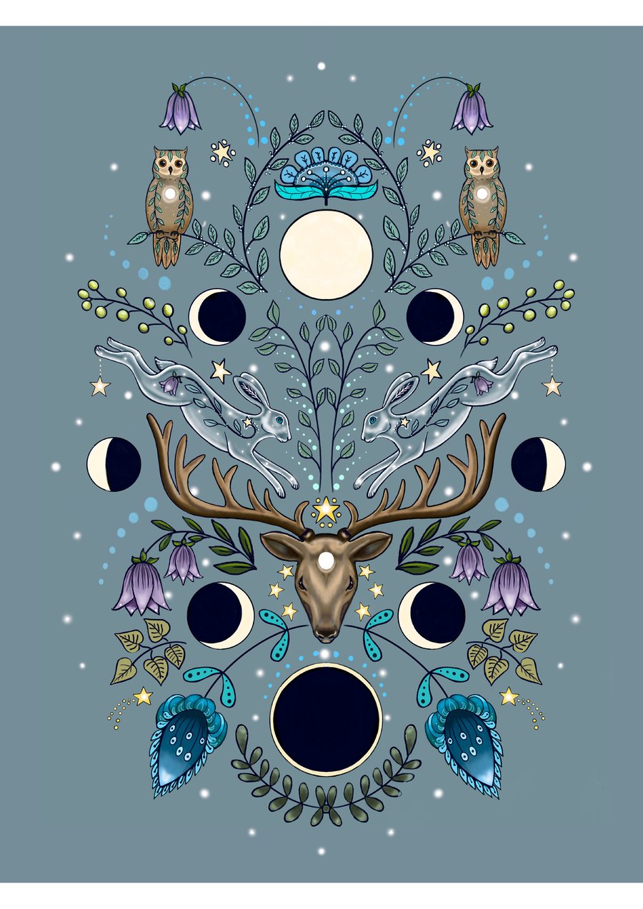 Hare Print Folk Art "Moonphase"