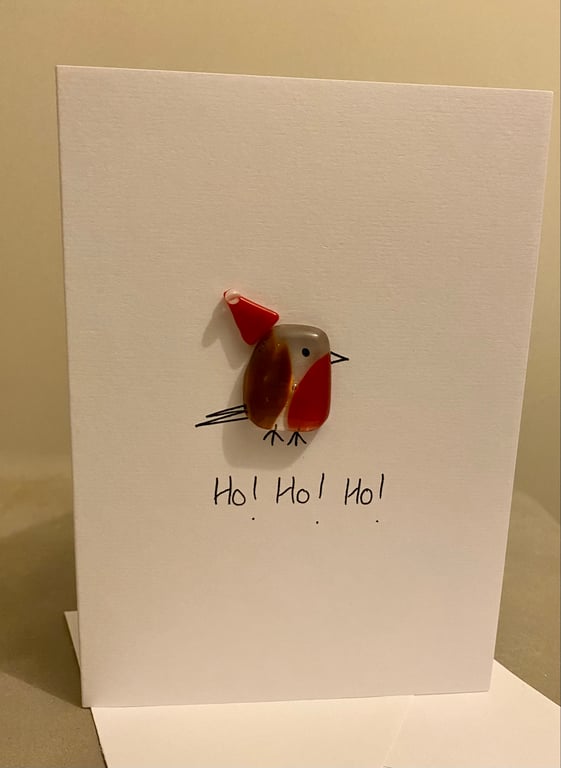 Fused glass robin Santa card
