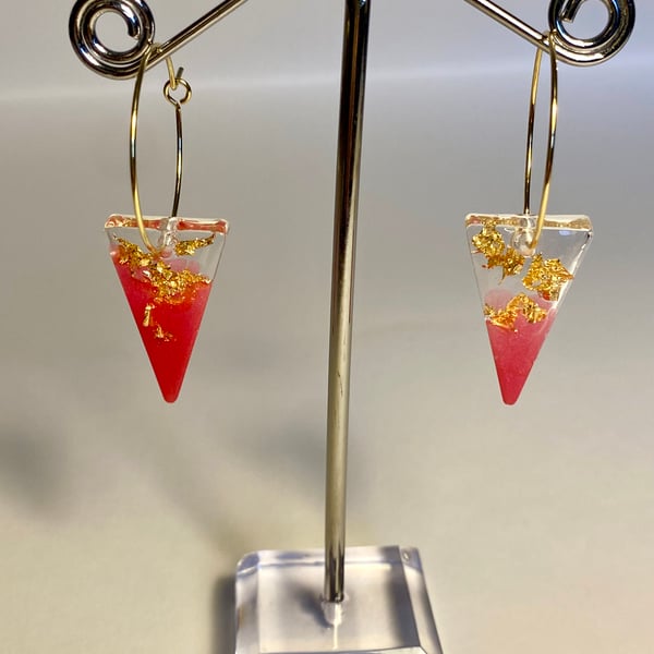 Handmade hot pink resin and gold flakes triangle hoop earrings