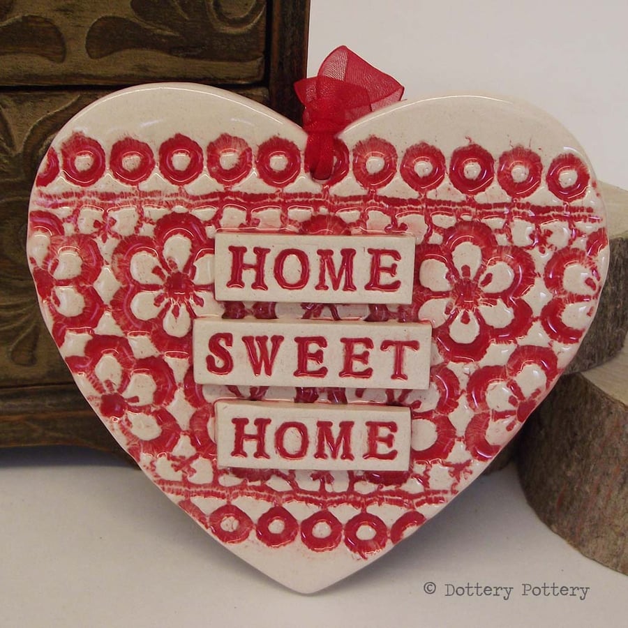 Ceramic heart hanging decoration Pottery Heart  Home Sweet Home Flower pattern