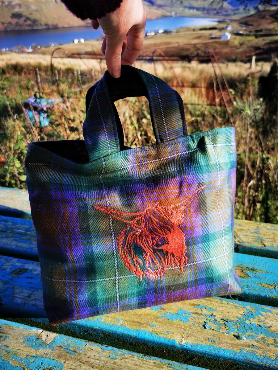 Isle of Skye tartan with embroidered highland cow 
