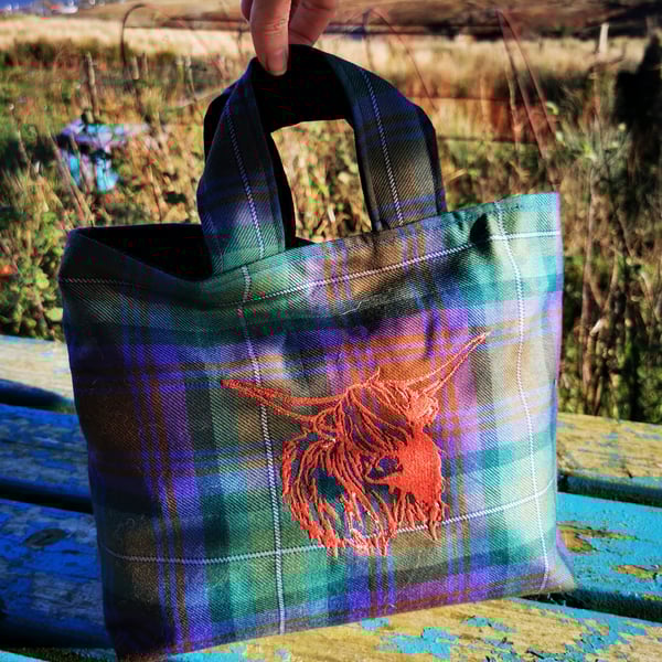 Isle of Skye tartan with embroidered highland cow 