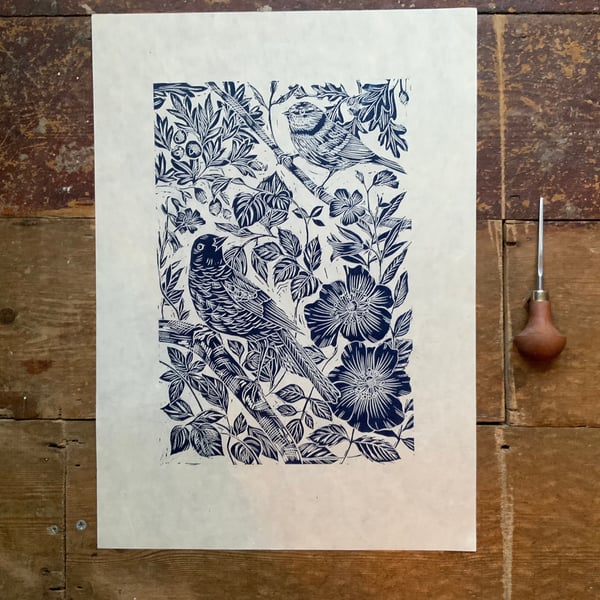November Hedgerow linocut print Handmade Original Hand Printed Wall Art Original