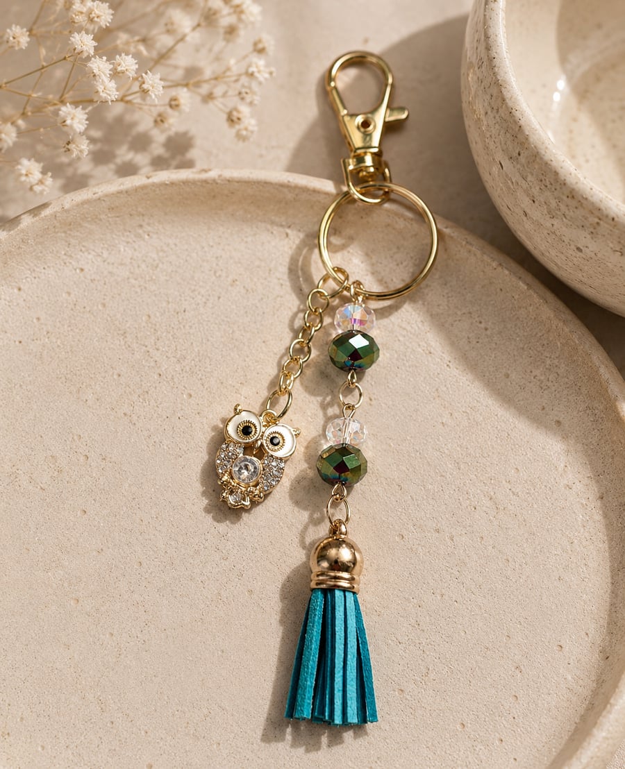 Sparkling Owl Bag Charm or Keyring with Austrian Crystals & Tassel