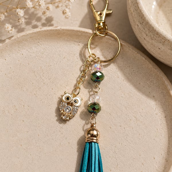Sparkling Owl Bag Charm or Keyring with Austrian Crystals & Tassel