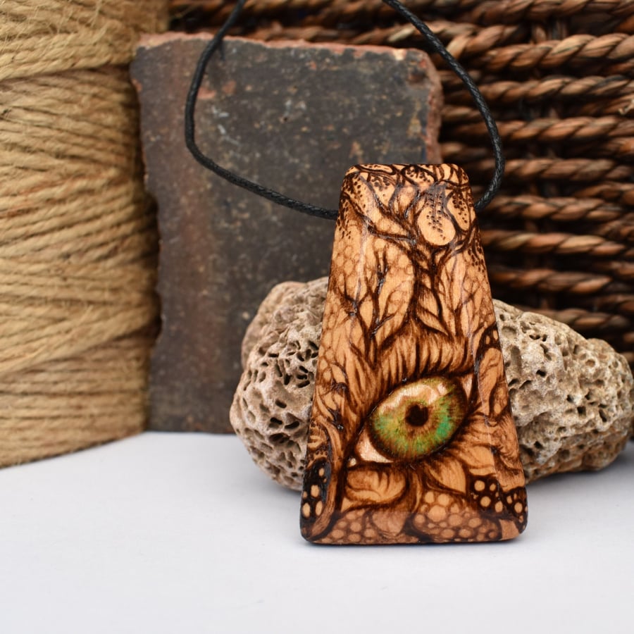  Nature’s eye pyrography pendant. Wooden necklace with green eye.