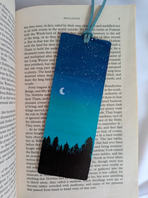 Hand Painted Bamboo Wood Bookmark, Starry Night Sky and Moon