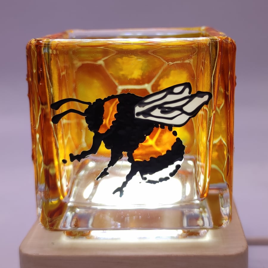 Hand painted glass candle holder, bee and honeycomb 