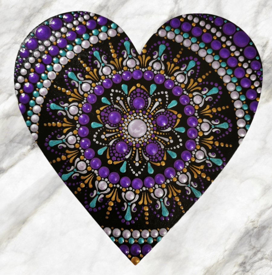 Hand painted Mandala Heart Coaster - Purple and Teal