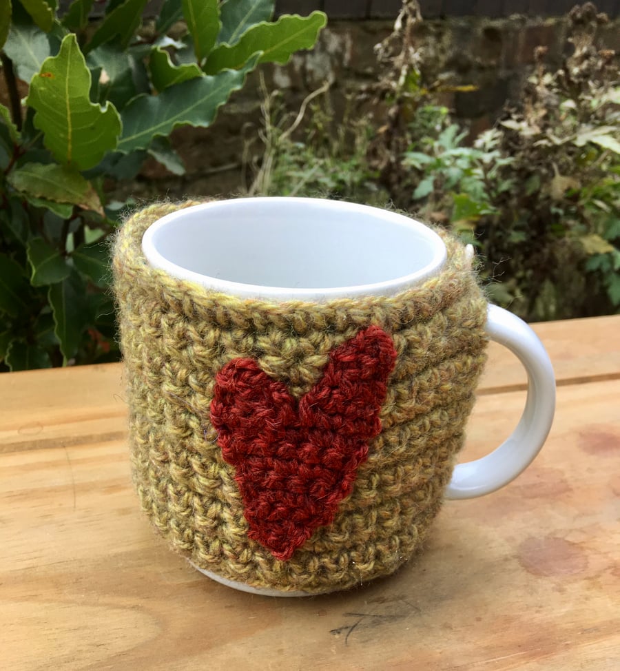 Folk Art Heart Mug Cosy, Made Using Recycled Yarn