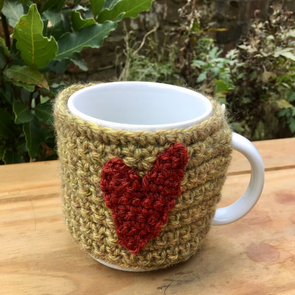 Folk Art Heart Mug Cosy, Made Using Recycled Yarn