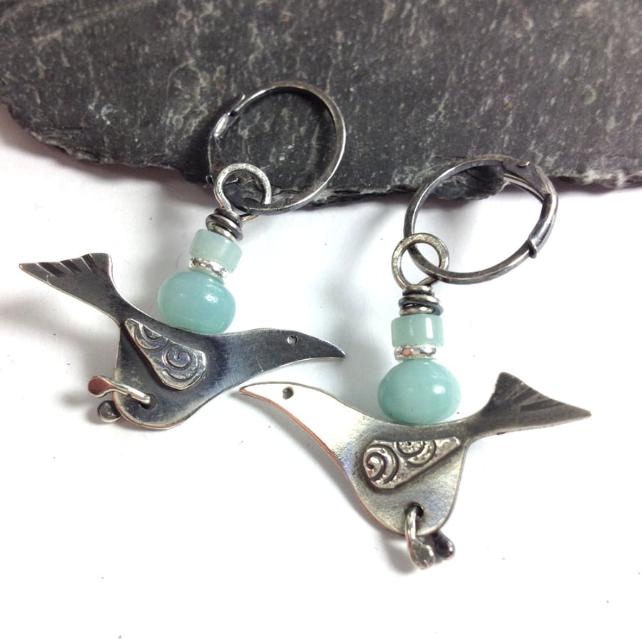 silver bird earrings with blue amazonite.