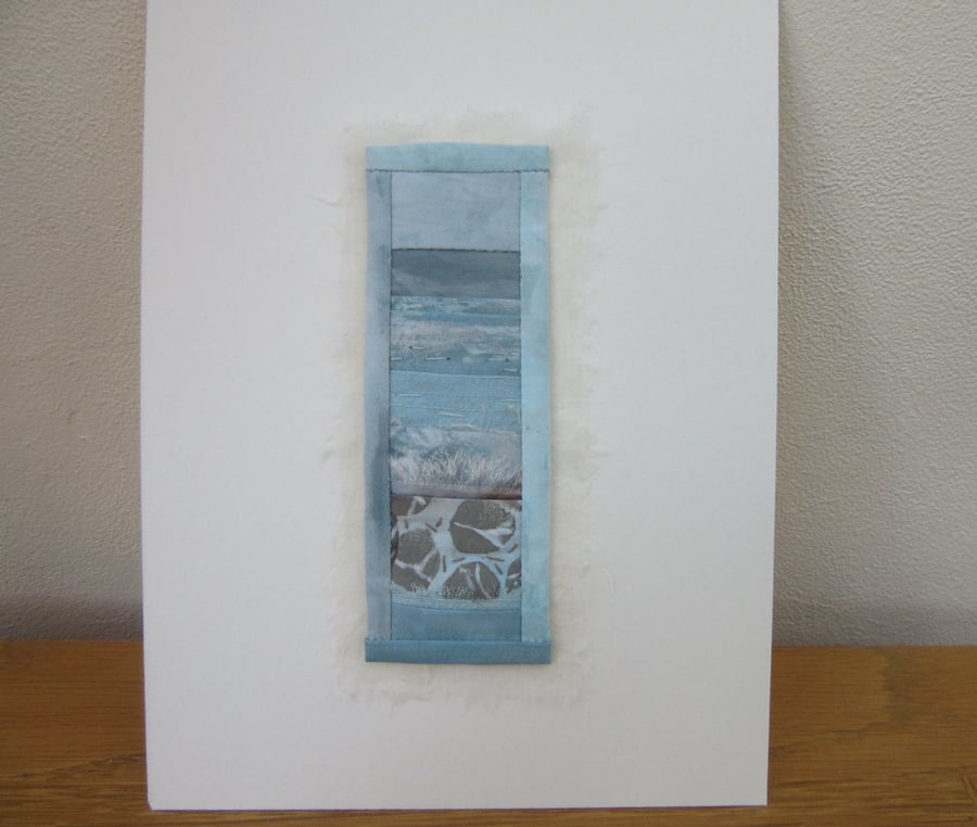 Sea view picture.  Small abstract seascape.  Blue and beige beach