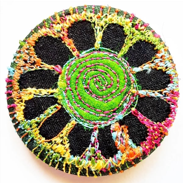 38mm Badge Hand Dyed Fabric Floral badge with Free Machine Embroidery 