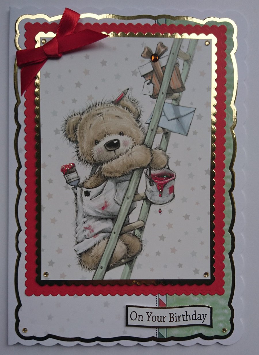 DIY Birthday Card Painting Teddy Bear Decorating Ladder 3D Luxury Handmade