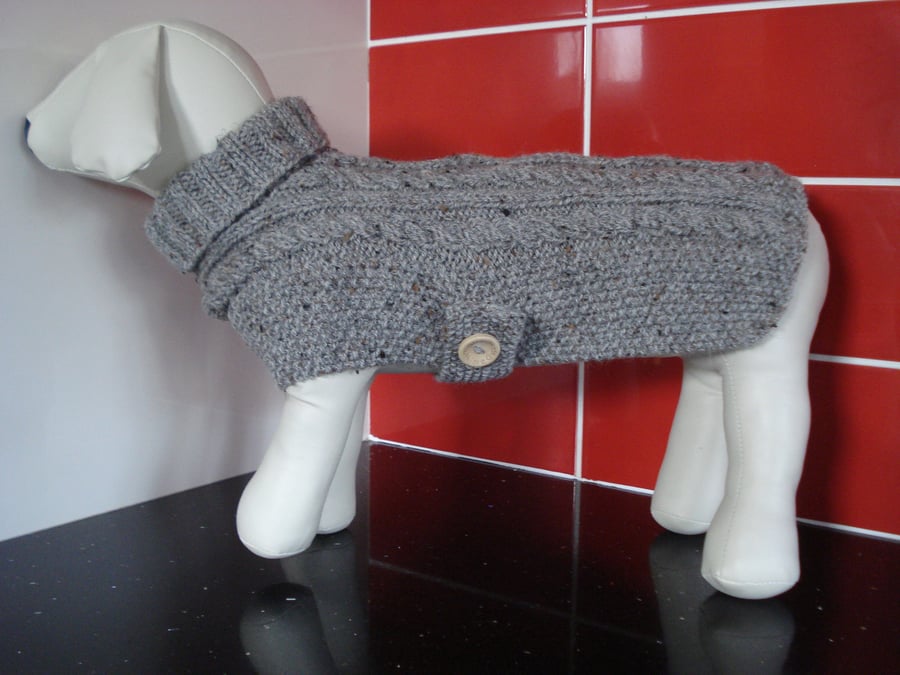 Hand Knitted A Medium Dog Coat In Herringbone Brown Grey Tweed Aran (R885)