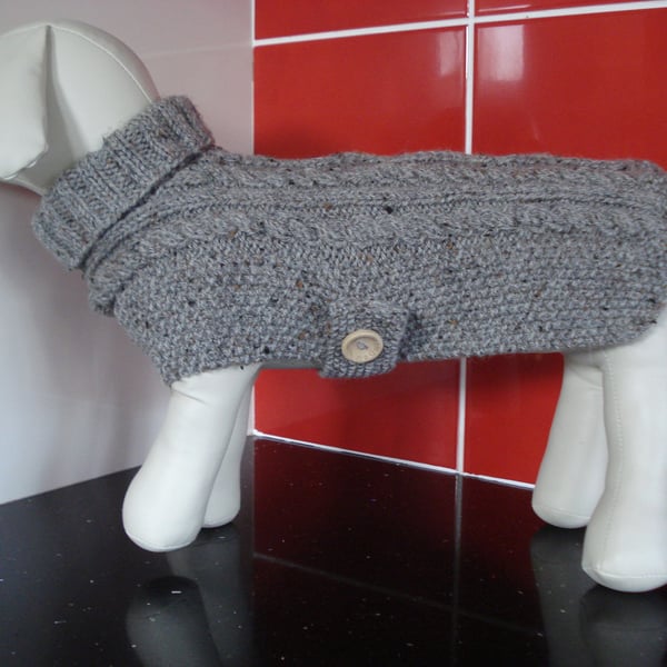 Hand Knitted A Medium Dog Coat In Herringbone Brown Grey Tweed Aran (R885)