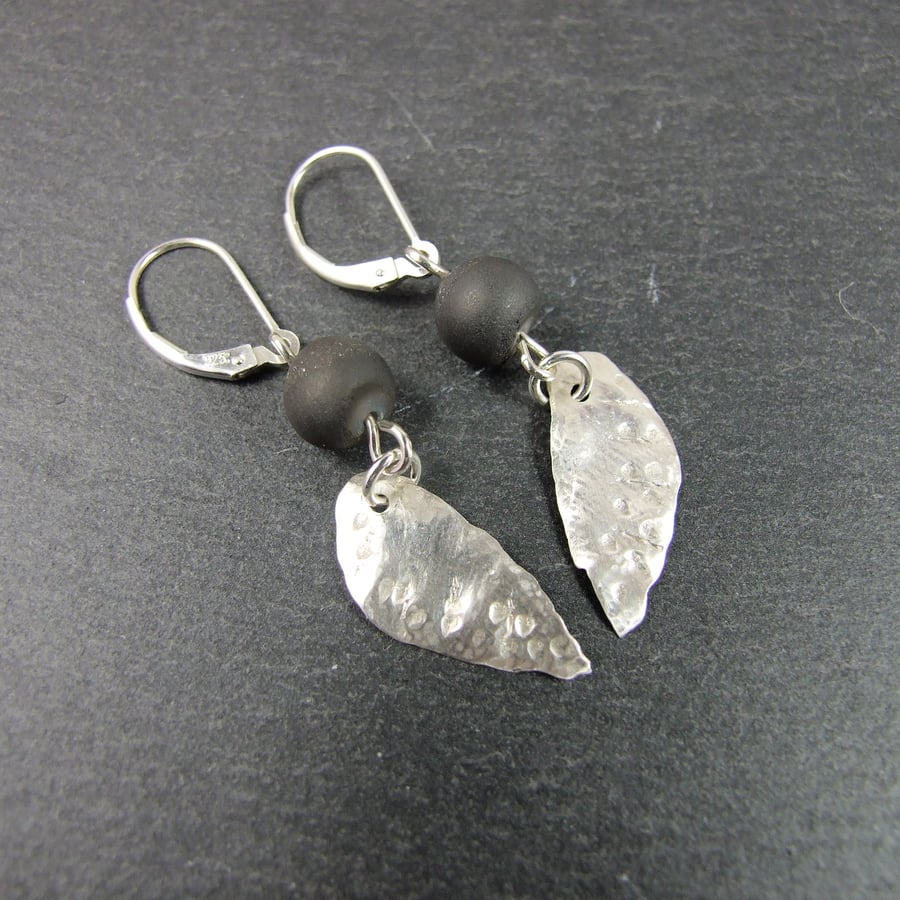 Earrings, Lever Back Matt Black Druzy Agate and Sterling Silver Wing