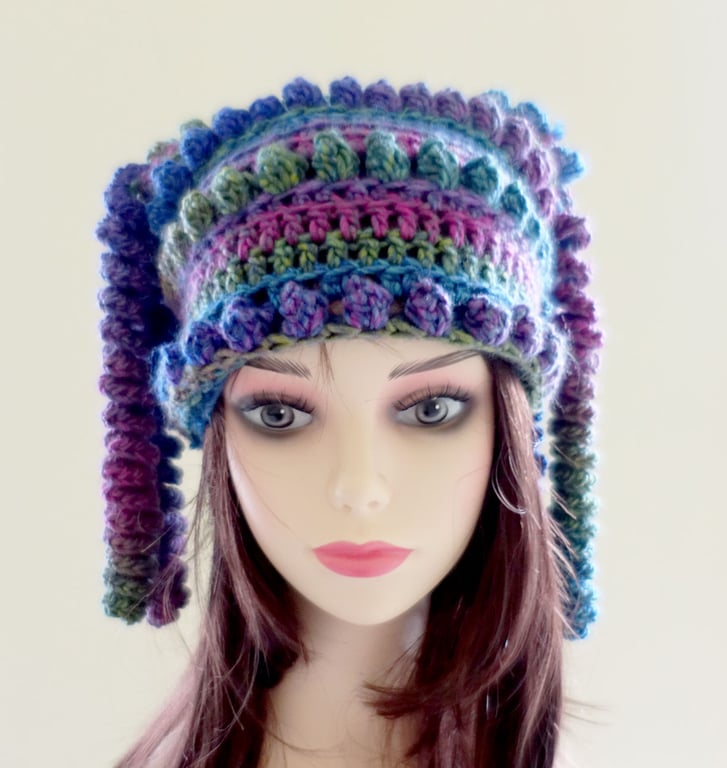 Crochet Festival Hat Blue Pink Acrylic Washable Yarn  Quirky Gift