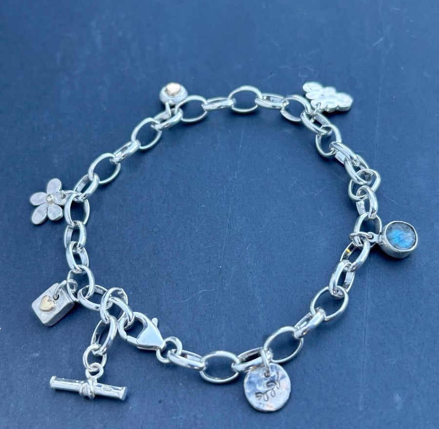 Sterling Silver and 9ct Gold charm bracelet, labradorite charm bracelet 