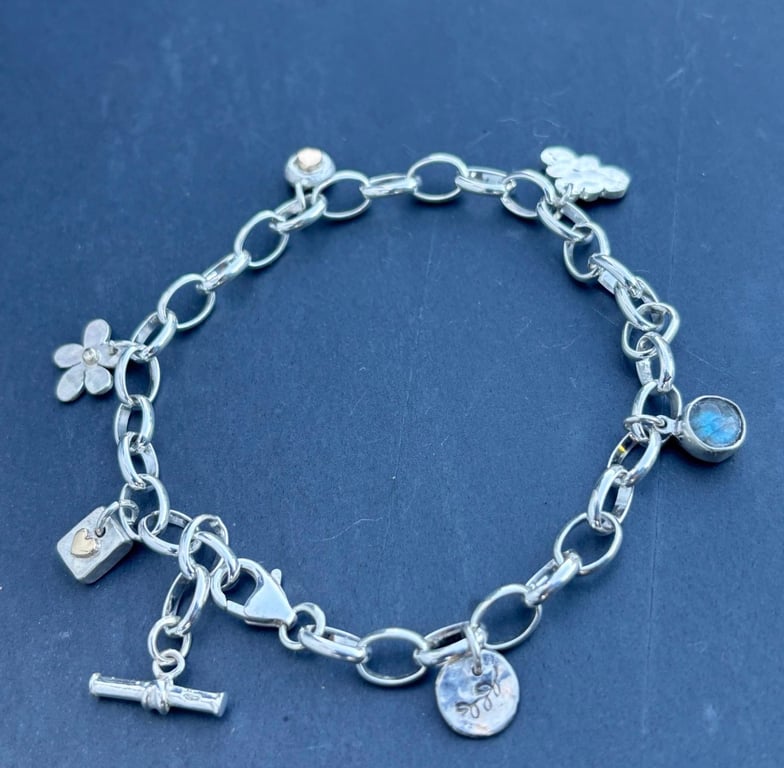 Sterling Silver and 9ct Gold charm bracelet, labradorite charm bracelet 