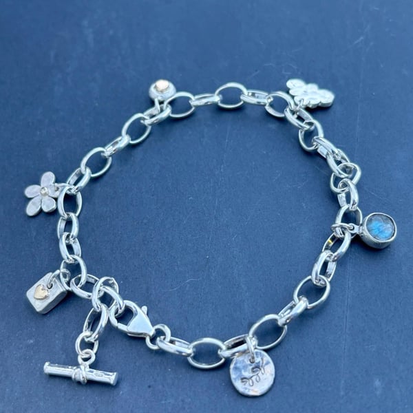 Sterling Silver and 9ct Gold charm bracelet, labradorite charm bracelet 