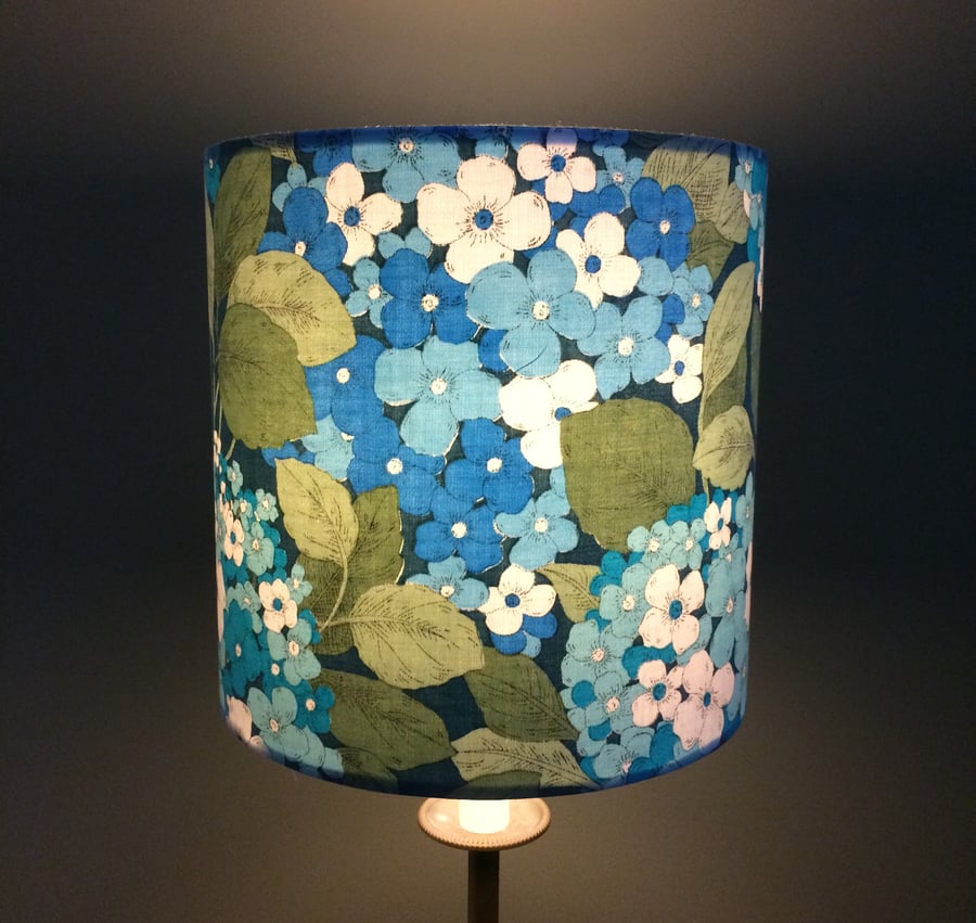 Bold Blue Green Teal Hydrangea Floral 70s 80s Vintage Fabric Lampshade option 