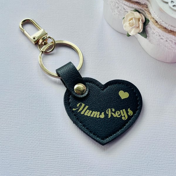 Black Leather Heart Keyring for Mums Keys