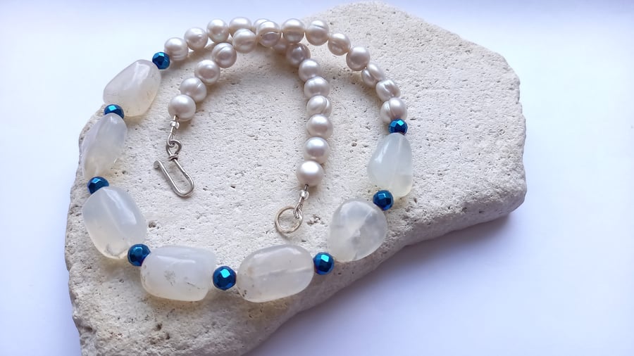 White Opal and White Baroque Grey Pearl with Blue Hematite Necklace