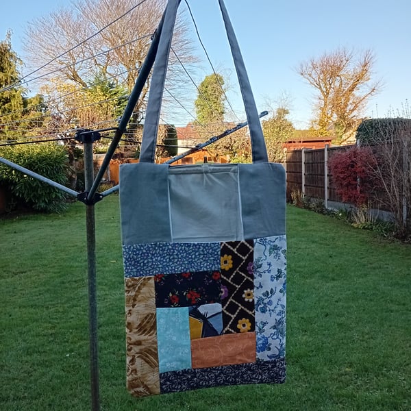 Patchwork peg bag. Multicoloured large peg bag with shoulder strap. 