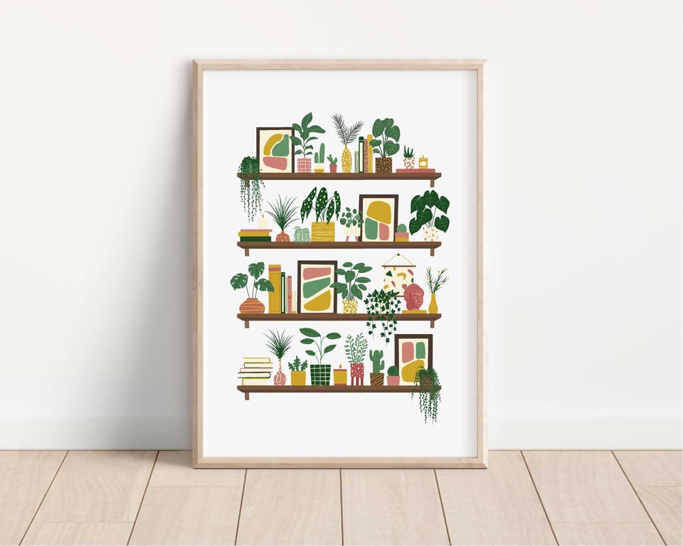 Plants on Shelves Art Print featuring House Plants Botanical Illustration A5 A4 