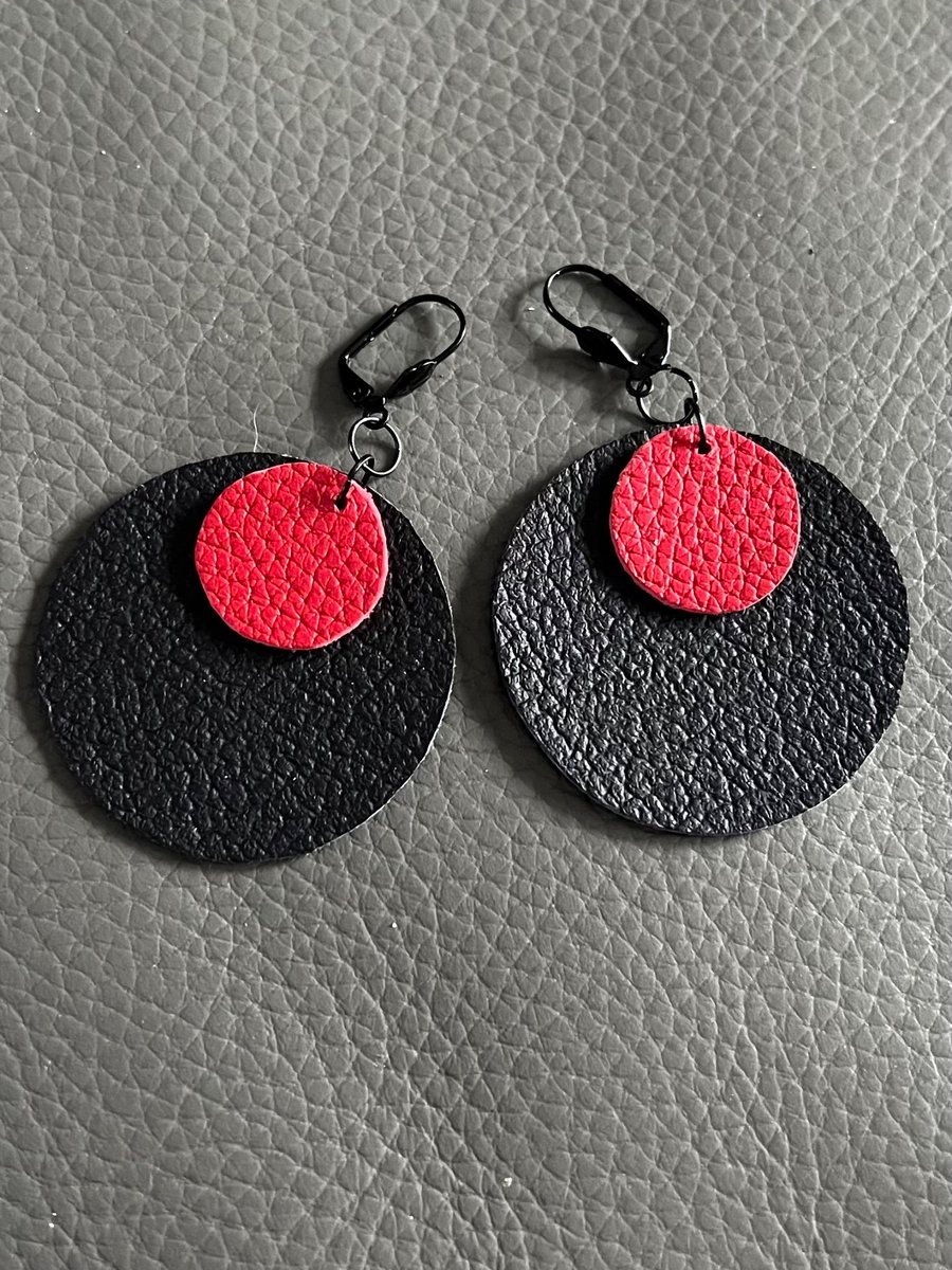 Black and Red Leather Circle Earrings - Hand Cut Lightweight Statement Jewellery