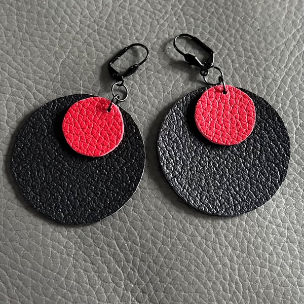 Black and Red Leather Circle Earrings - Hand Cut Lightweight Statement Jewellery