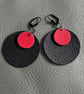 Black and Red Leather Circle Earrings - Hand Cut Lightweight Statement Jewellery
