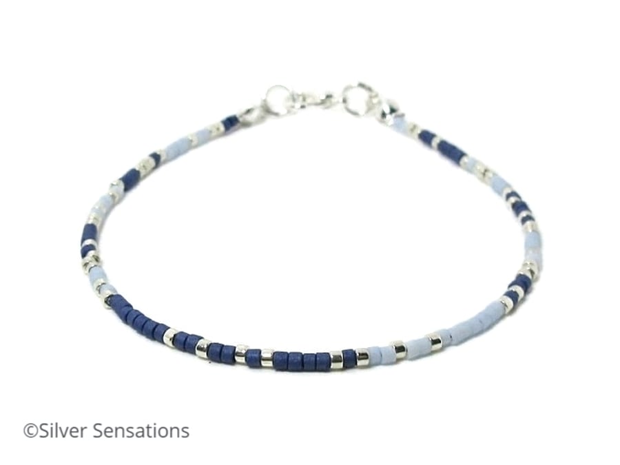 Navy Blue, Pastel Blue & Silver Seed Bead Layering Anklet - 13"