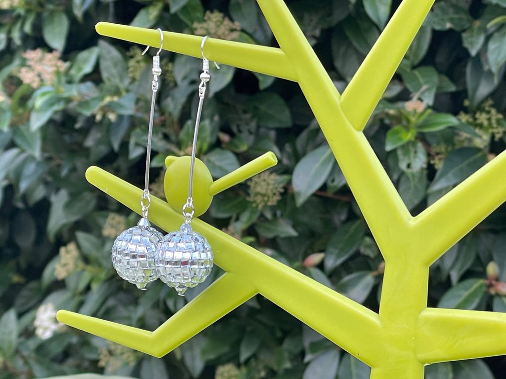 DISCO GLITTER BALL EARRINGS SILVER gift for her kawaii cool drop crystal