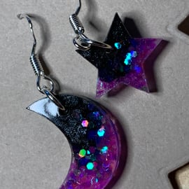 Beautiful glitter pink purple  asymmetric earrings 