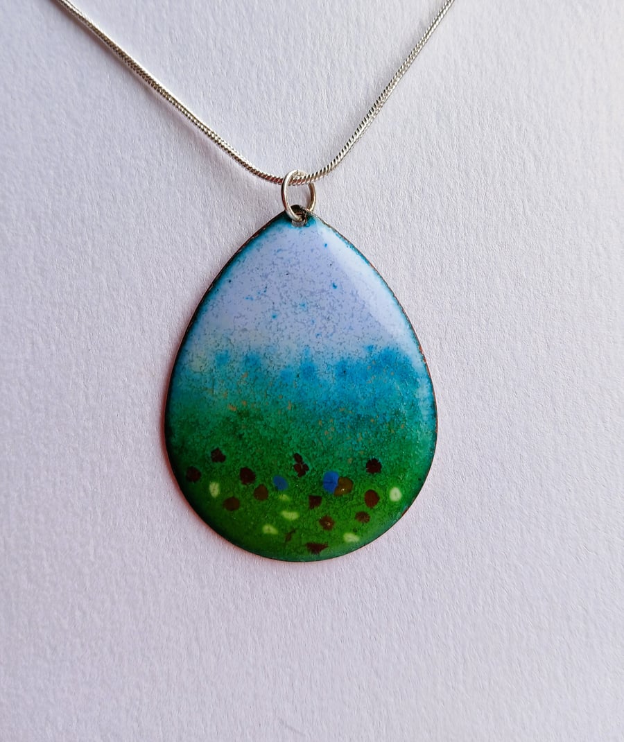 ‘Pastoral’ teardrop enamelled copper pendant  204