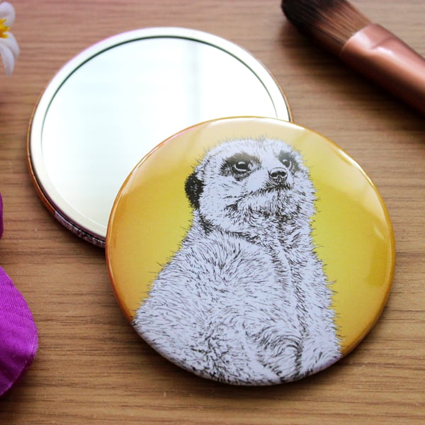 Meerkat Pocket Mirror - 76mm Round Compact Mirror, Wildlife Art Mirror