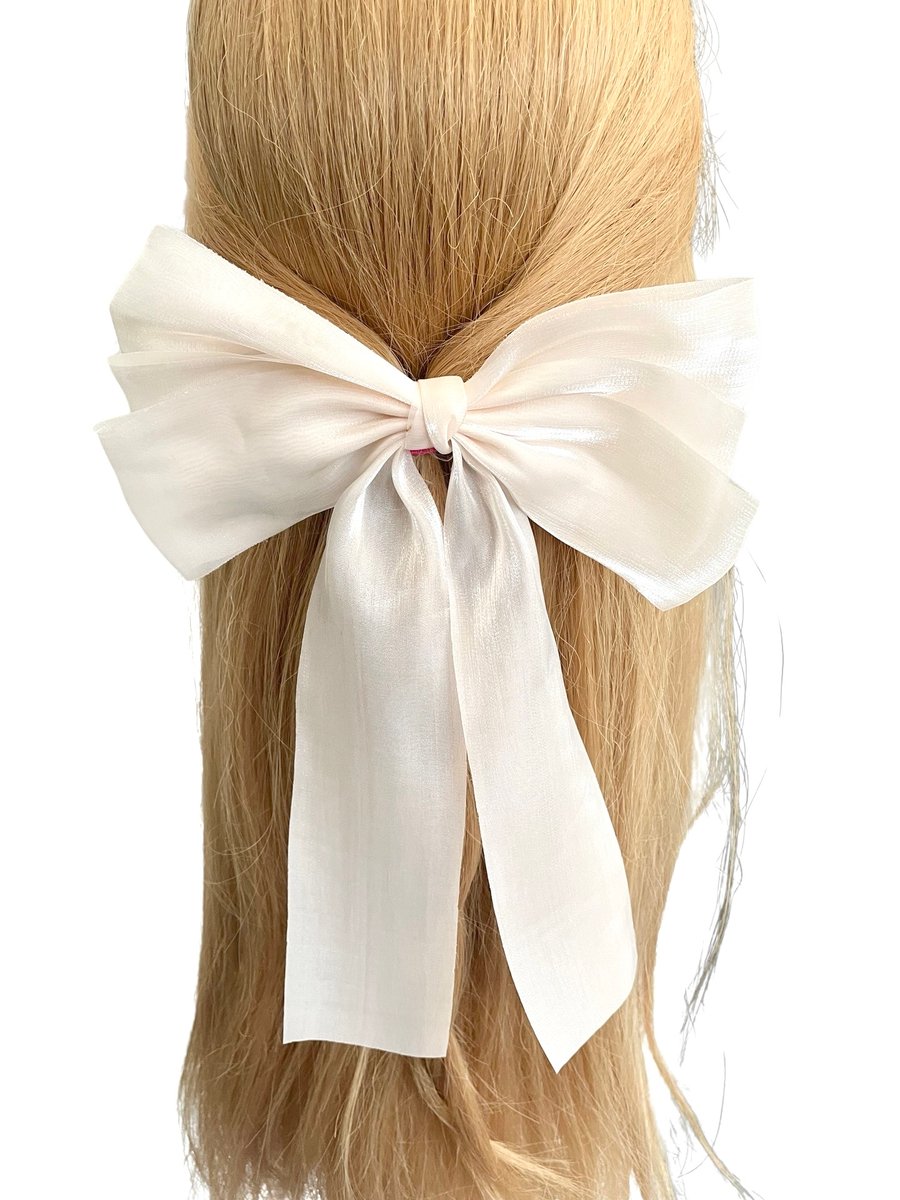 Champagne white satin bow hair barrette clip for women Long tail ribbon hair bow